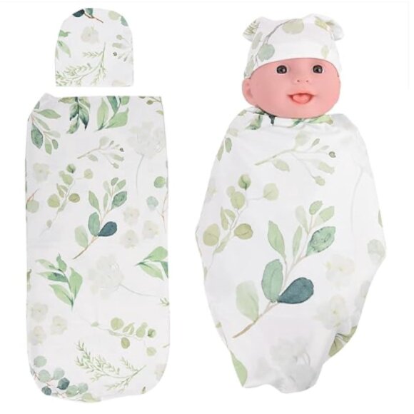Newborn Greenery Swaddle and Cap - Picture 1 of 2
